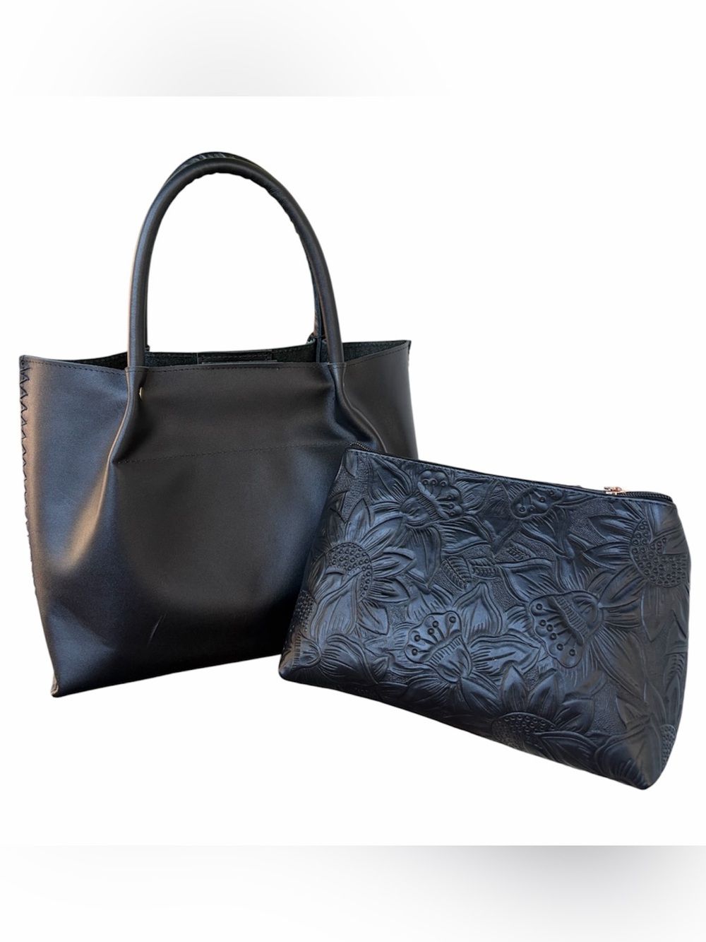 MEXICANA Leather Black Women's Tote with Embossed Black Pouch